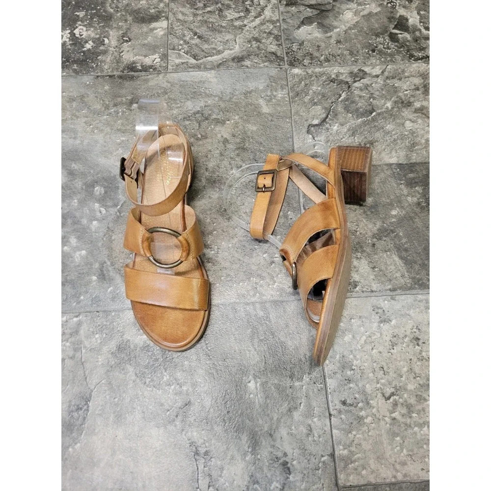 Seychelles Leather Sandals Tan Ankle Strap O-Ring Block Heel‎ Size 8